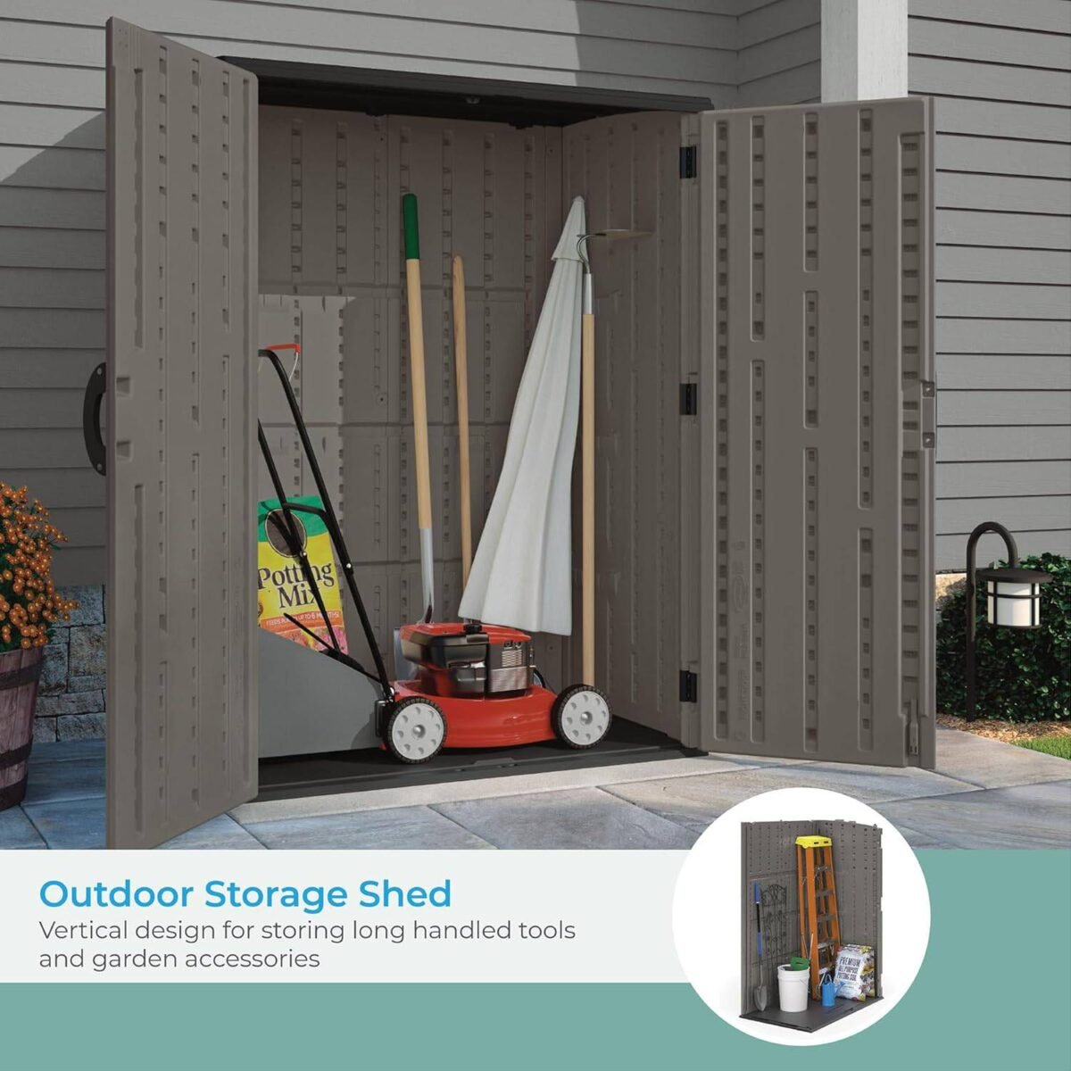 Suncast 54 Cu Ft Vertical Resin Lockable Storage Shed, Stoney - Shedcove