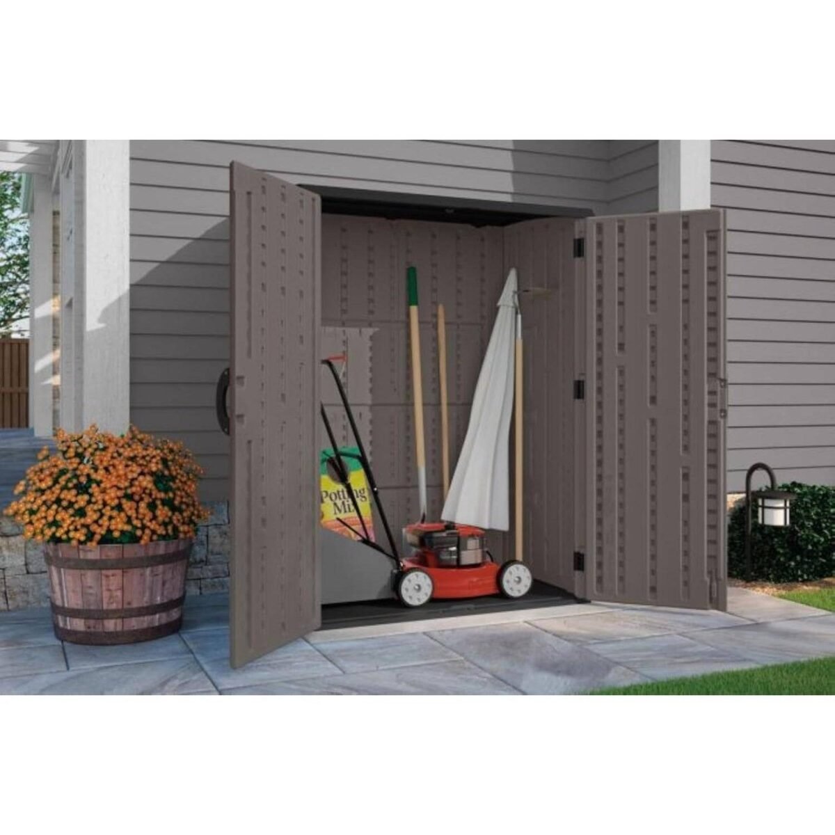 Suncast 54 Cu Ft Vertical Resin Lockable Storage Shed, Stoney - Shedcove