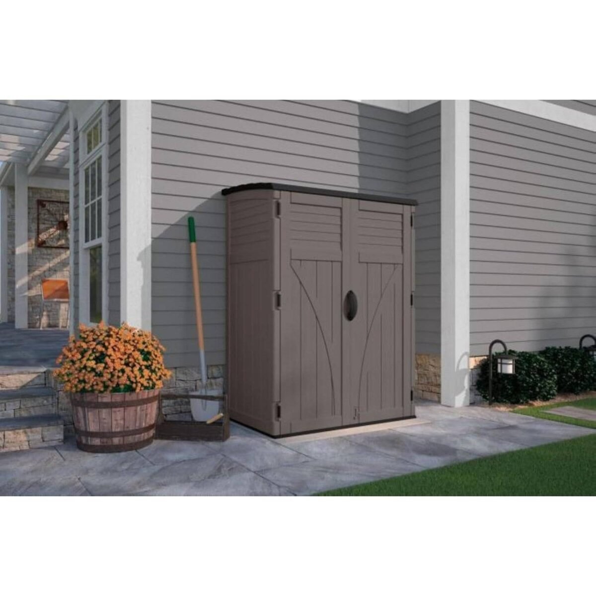 Suncast 54 Cu Ft Vertical Resin Lockable Storage Shed, Stoney - Shedcove