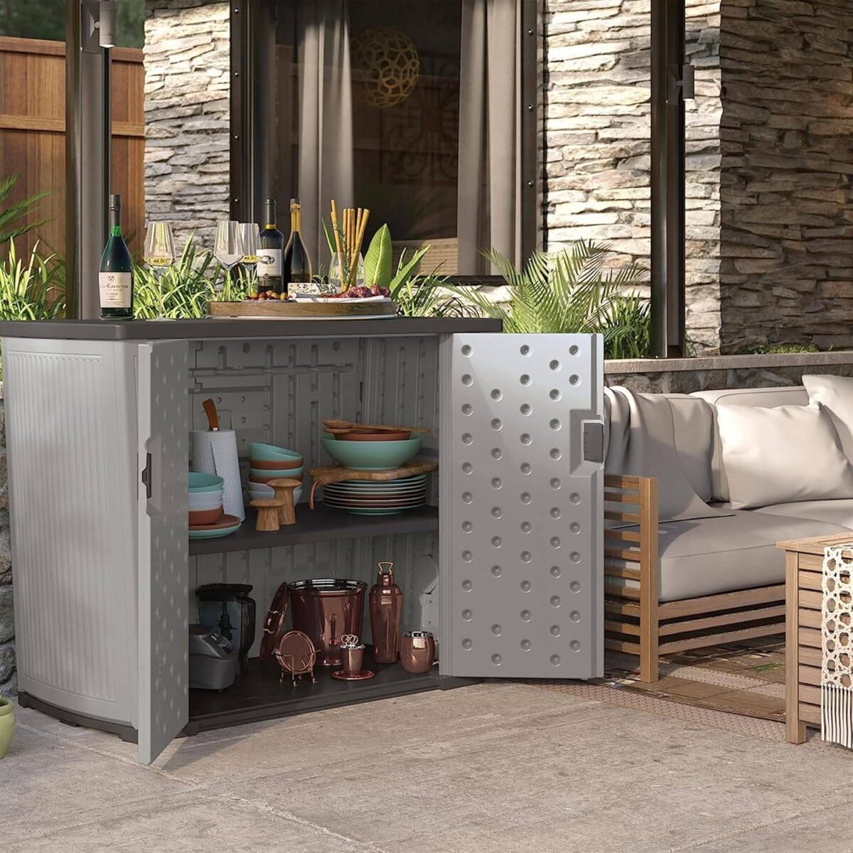 Suncast Backyard Oasis 130 Gallon Resin Storage Shed, Dove Gray - Shedcove