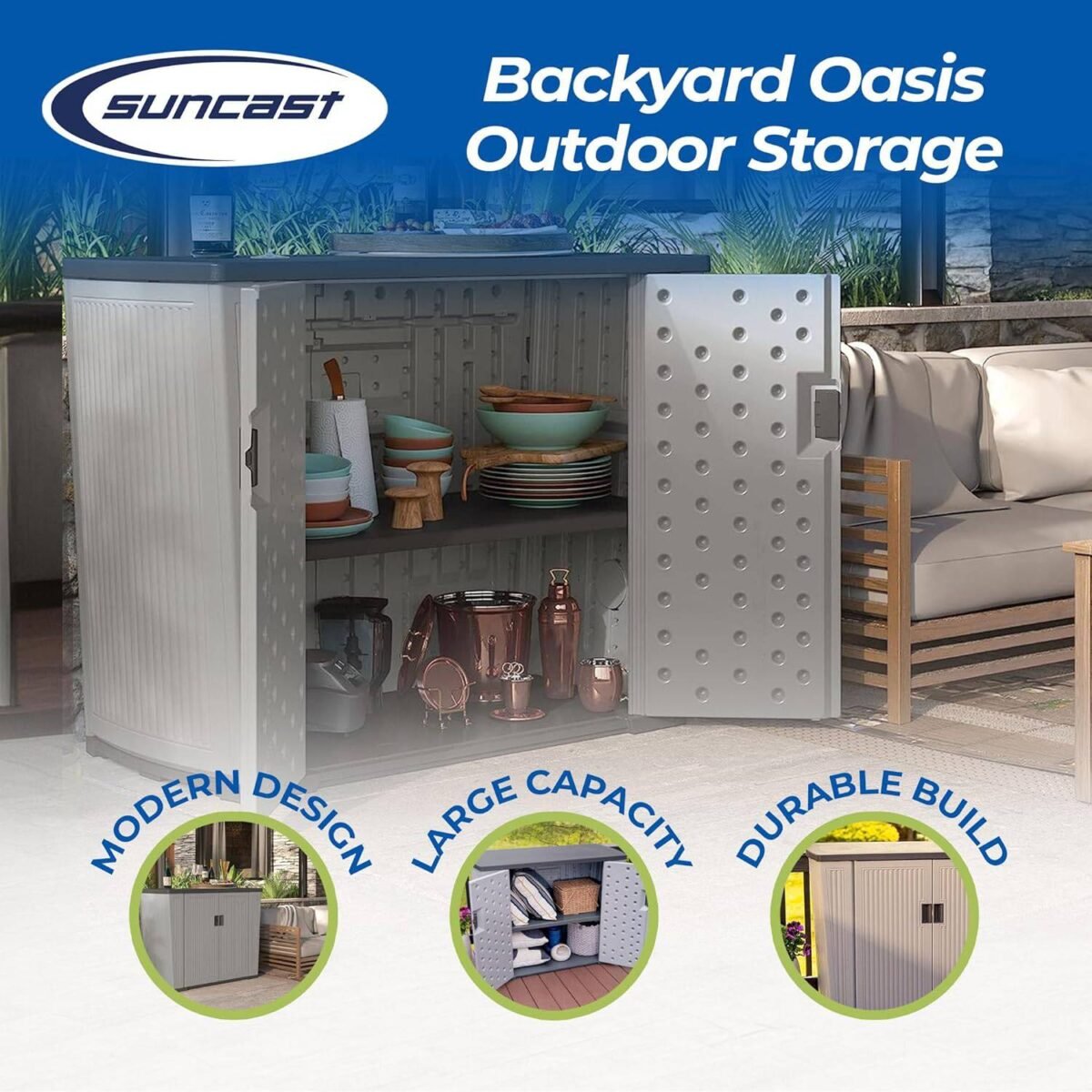Suncast Backyard Oasis 130 Gallon Resin Storage Shed, Dove Gray - Shedcove