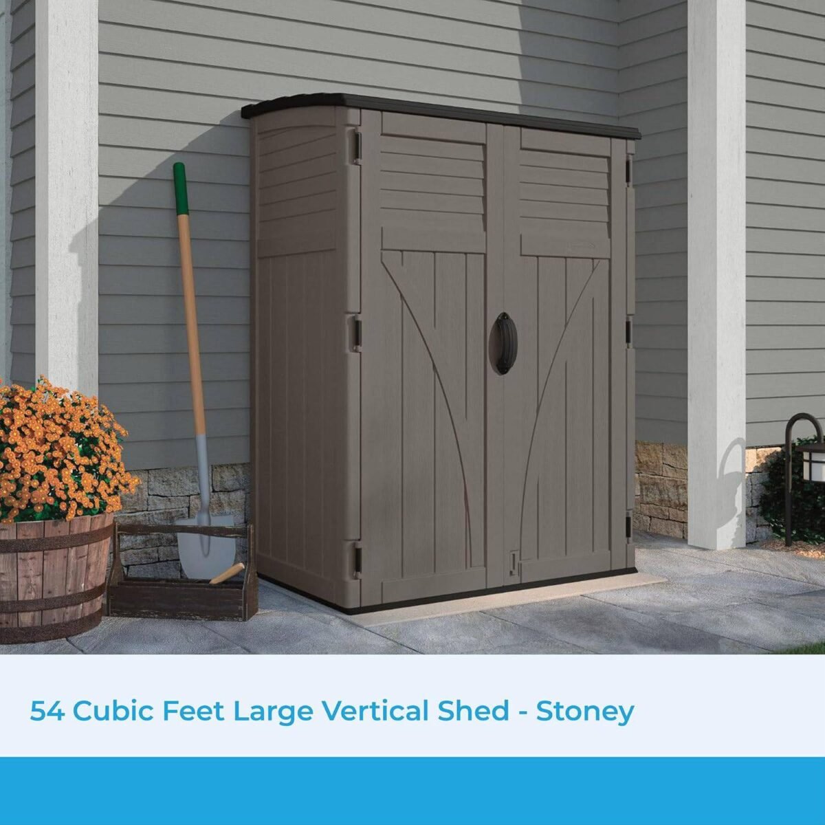 Suncast 54 Cu Ft Vertical Resin Lockable Storage Shed, Stoney - Shedcove