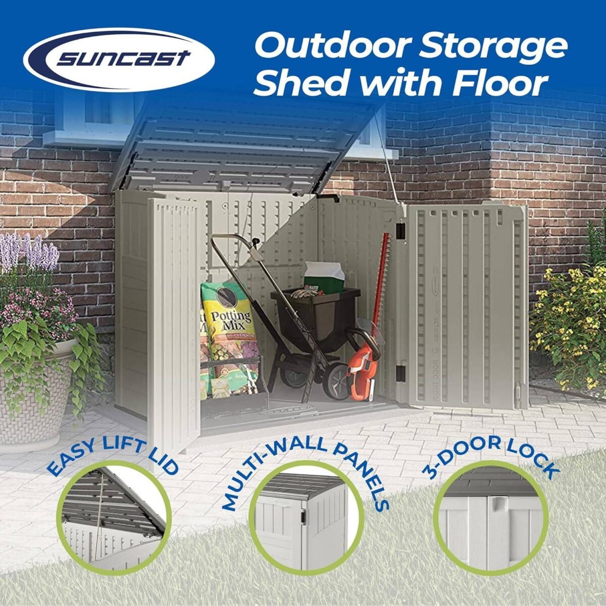 Suncast 34 Cu Ft Horizontal Outdoor Storage Shed, Vanilla - Shedcove