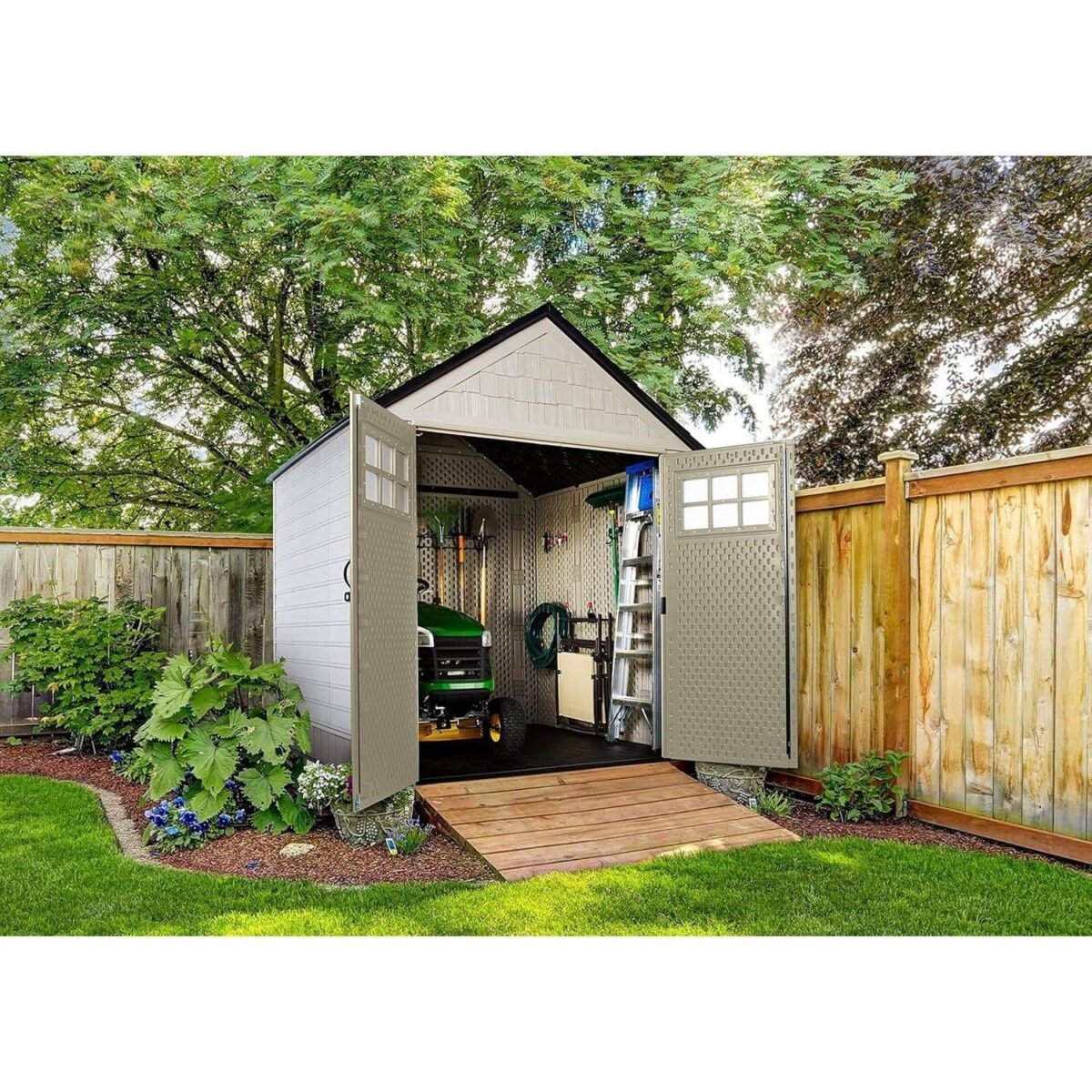 Rubbermaid 7x7 ft Weatherproof Resin Outdoor Storage Shed, Sandstone - Shedcove