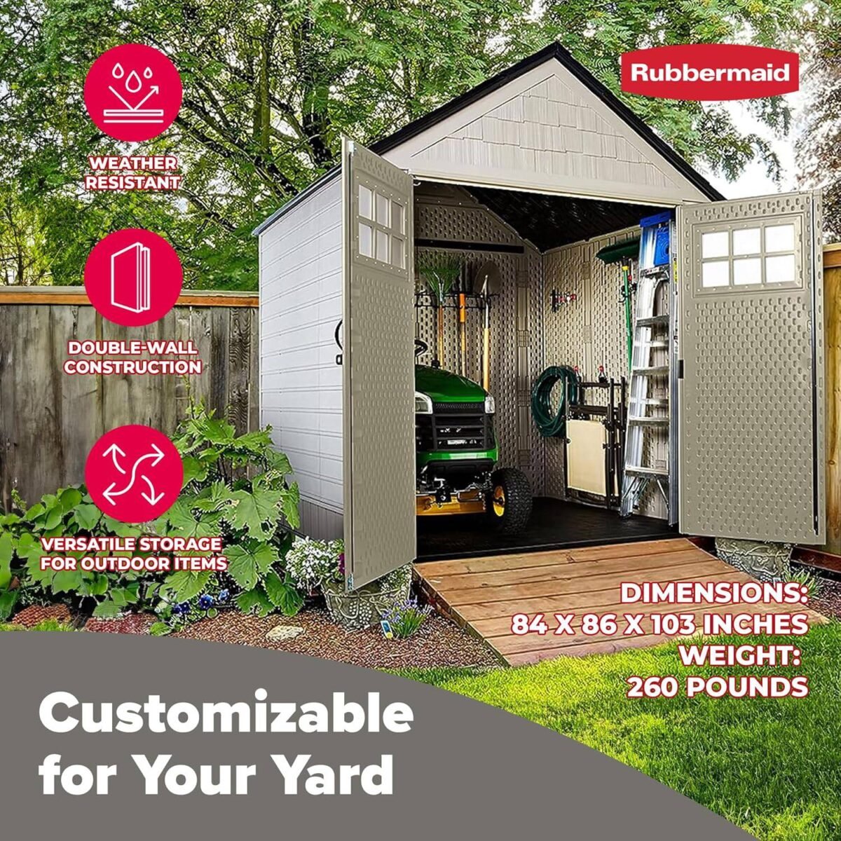 Rubbermaid 7x7 ft Weatherproof Resin Outdoor Storage Shed, Sandstone - Shedcove