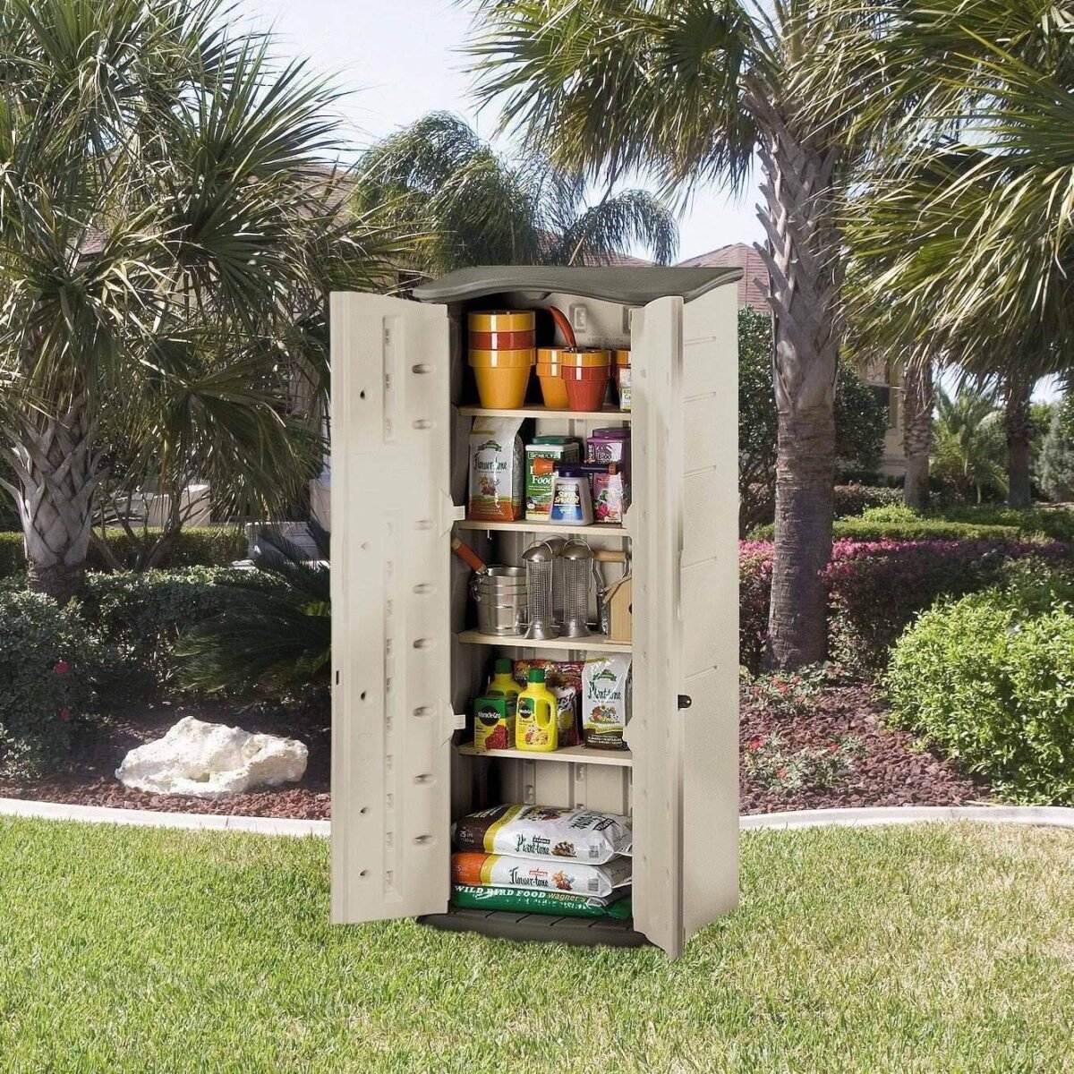 Rubbermaid Compact 2x2.5 ft Vertical Resin Storage Shed, Beige/Brown - Shedcove