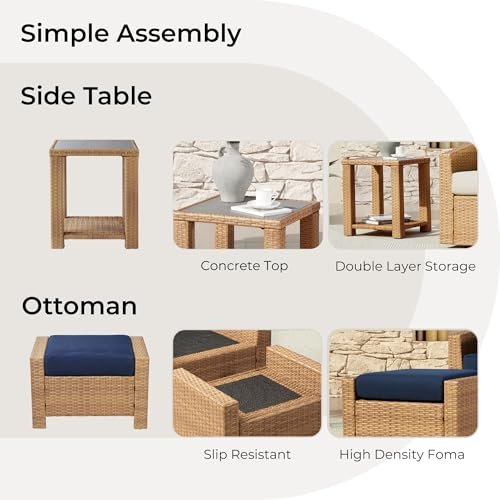 CHITA 5 Pieces Wicker Patio Furniture Set, Outdoor Conversation Set with 2 Pieces Rattan Swivel Chairs, 2 Pieces Ottomans, Thickened Cushions and Side Table - Image 2