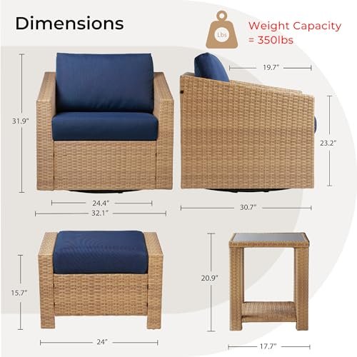 CHITA 5 Pieces Wicker Patio Furniture Set, Outdoor Conversation Set with 2 Pieces Rattan Swivel Chairs, 2 Pieces Ottomans, Thickened Cushions and Side Table - Image 5