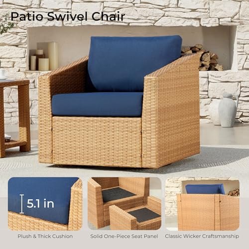 CHITA 5 Pieces Wicker Patio Furniture Set, Outdoor Conversation Set with 2 Pieces Rattan Swivel Chairs, 2 Pieces Ottomans, Thickened Cushions and Side Table - Image 7