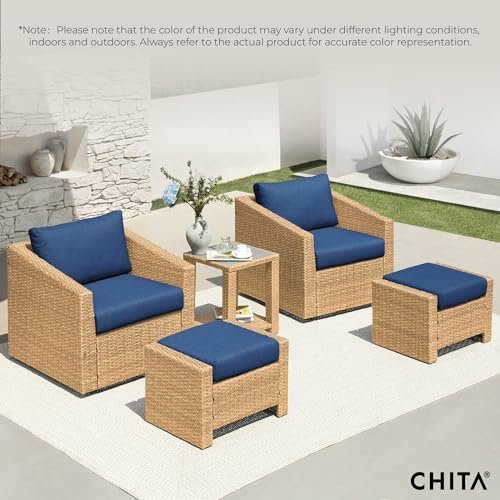 CHITA 5 Pieces Wicker Patio Furniture Set, Outdoor Conversation Set with 2 Pieces Rattan Swivel Chairs, 2 Pieces Ottomans, Thickened Cushions and Side Table - Image 4
