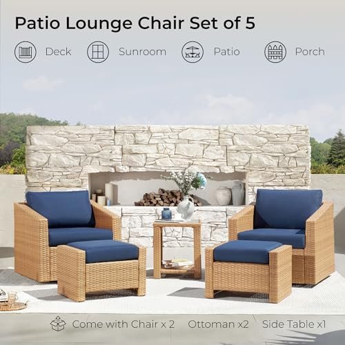 CHITA 5 Pieces Wicker Patio Furniture Set, Outdoor Conversation Set with 2 Pieces Rattan Swivel Chairs, 2 Pieces Ottomans, Thickened Cushions and Side Table - Image 9