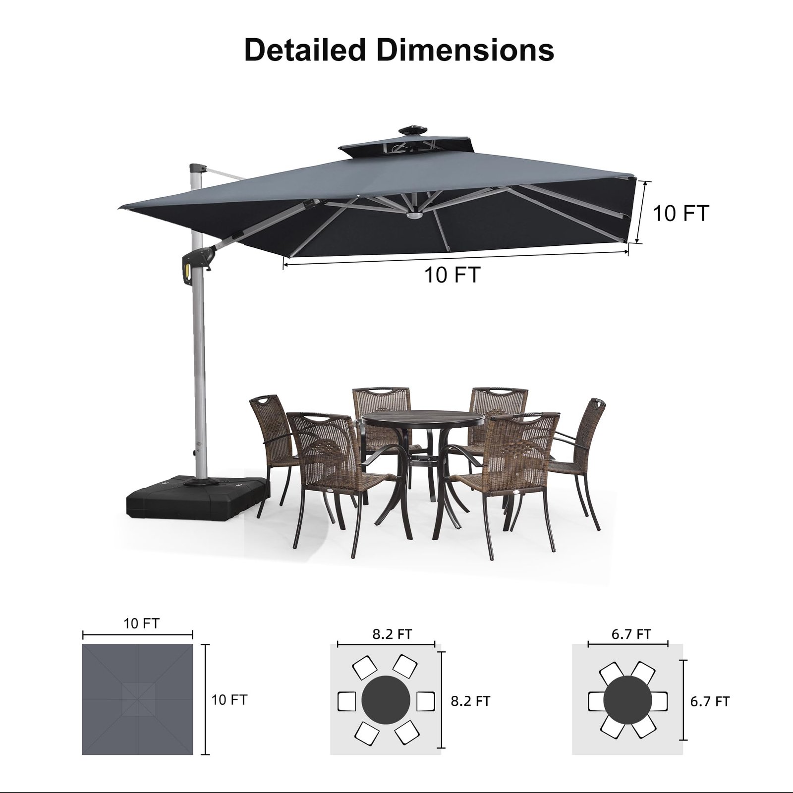 PURPLE LEAF Double Top Deluxe Solar Powered LED Square Patio Umbrella Offset Hanging Umbrella Outdoor Market Umbrella Garden Umbrella,300 x 300 cm,Grey - Image 3