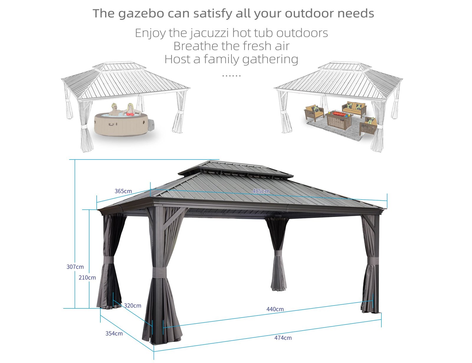 PURPLE LEAF Heavy Duty Garden Gazebo 3.65 x 4.85 m with Galvanised Steel Double Roof, Waterproof Metal Hardtop Gazebo with Side Curtain and Zipped Netting for All Weathers, Outdoor and Patio, Grey - Image 9