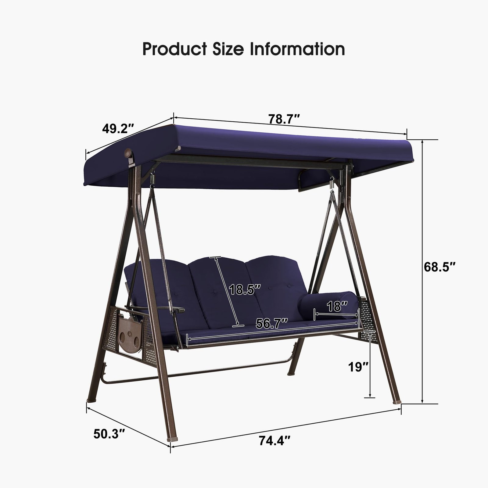 PURPLE LEAF 3-Seat Deluxe Outdoor Patio Porch Swing with Weather Resistant Steel Frame, Adjustable Tilt Canopy, Cushions and Pillow Included, Navy Blue - Image 2