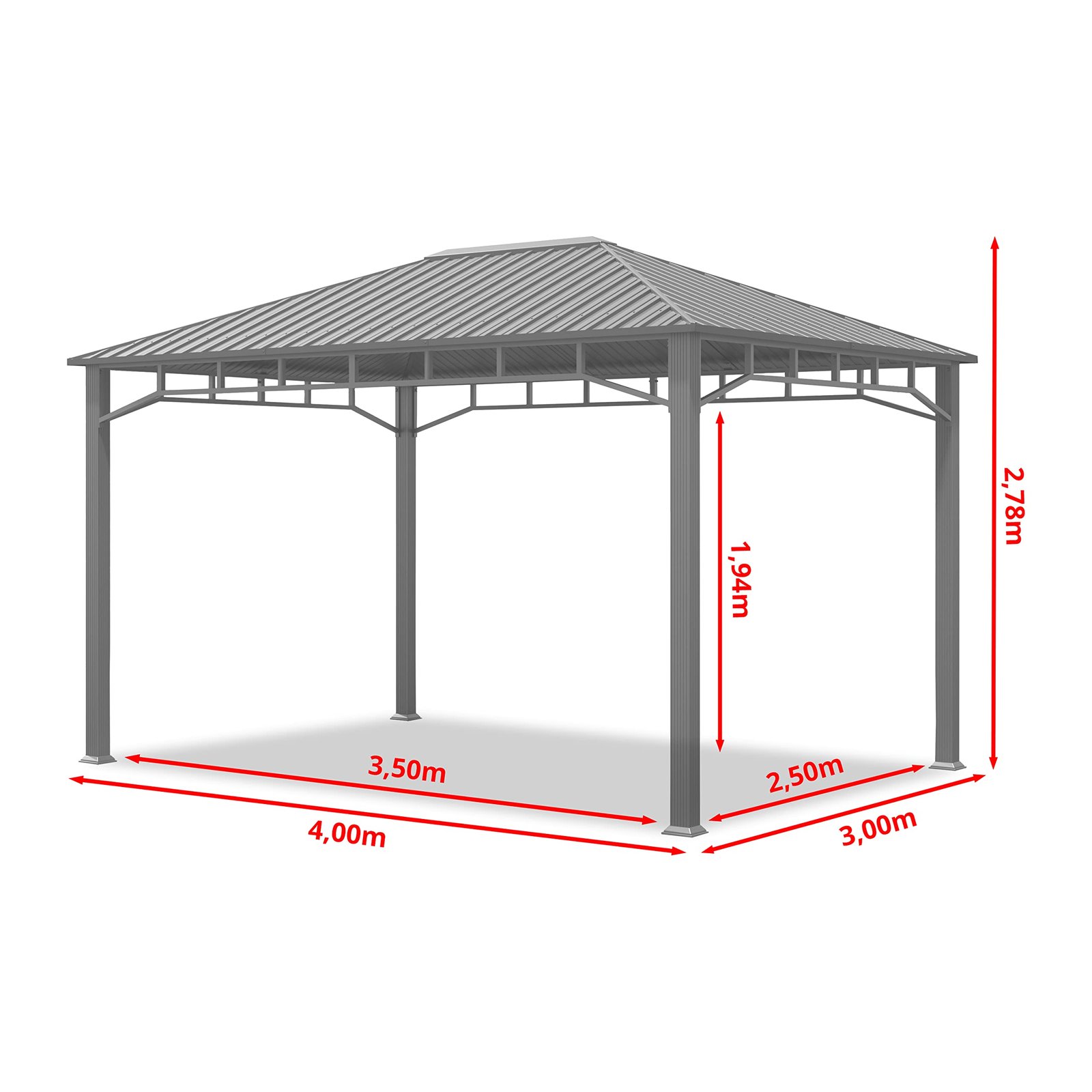 TOOLPORT Garden gazebo 3x4 m hardtop steel roof, 4 side panels in grey, poles 9x9cm - Image 8