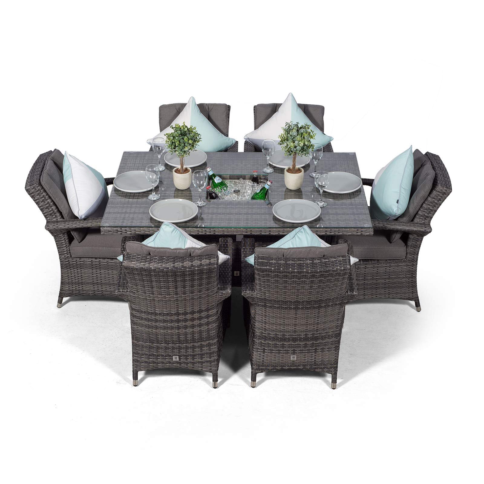 Arizona Rattan Dining Set | Luxury Rectangle 6 Seater Grey Rattan Table & Chairs Set with Ice Bucket Drinks Cooler | Outdoor Poly Rattan Garden Dining Furniture Set with Parasol & Cover - Image 8