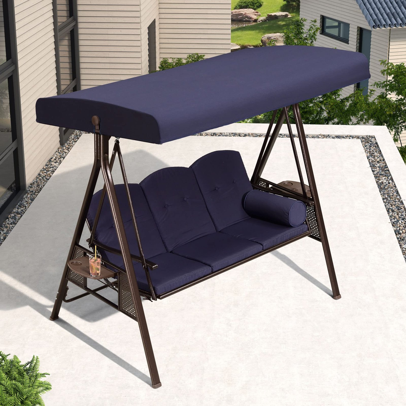 PURPLE LEAF 3-Seat Deluxe Outdoor Patio Porch Swing with Weather Resistant Steel Frame, Adjustable Tilt Canopy, Cushions and Pillow Included, Navy Blue - Image 7