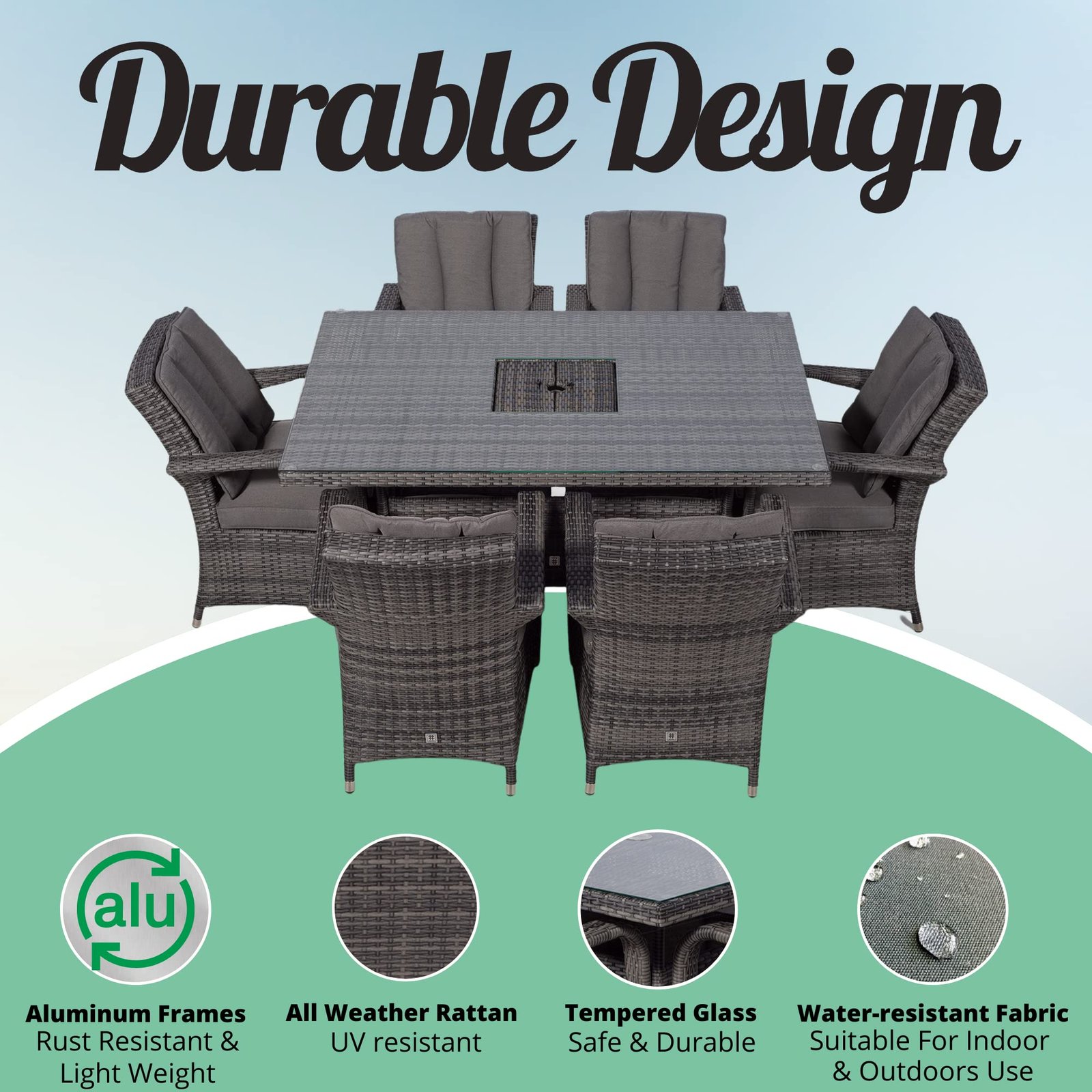 Arizona Rattan Dining Set | Luxury Rectangle 6 Seater Grey Rattan Table & Chairs Set with Ice Bucket Drinks Cooler | Outdoor Poly Rattan Garden Dining Furniture Set with Parasol & Cover - Image 3