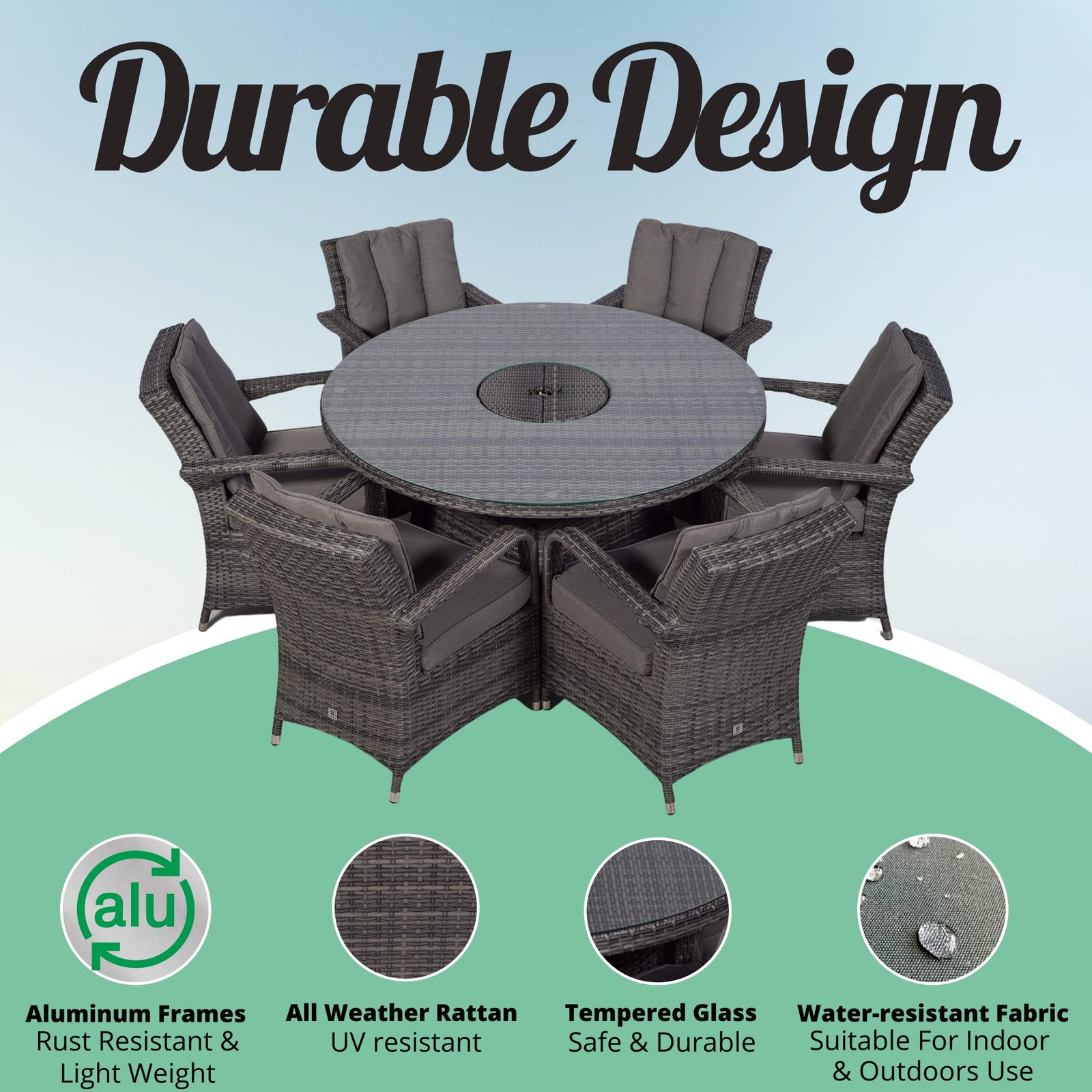 Arizona Luxury 6 Seater Grey Rattan Dining Set with Ice Bucket Drinks Cooler | Outdoor Poly Rattan Garden Table & Chairs Set with Parasol & Cover - Image 9