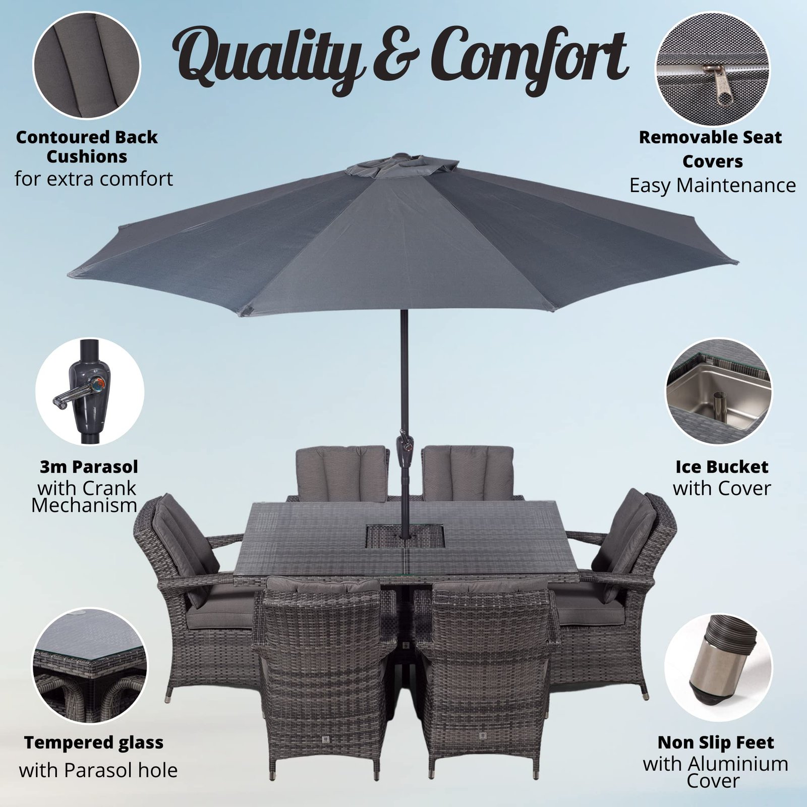 Arizona Rattan Dining Set | Luxury Rectangle 6 Seater Grey Rattan Table & Chairs Set with Ice Bucket Drinks Cooler | Outdoor Poly Rattan Garden Dining Furniture Set with Parasol & Cover - Image 4