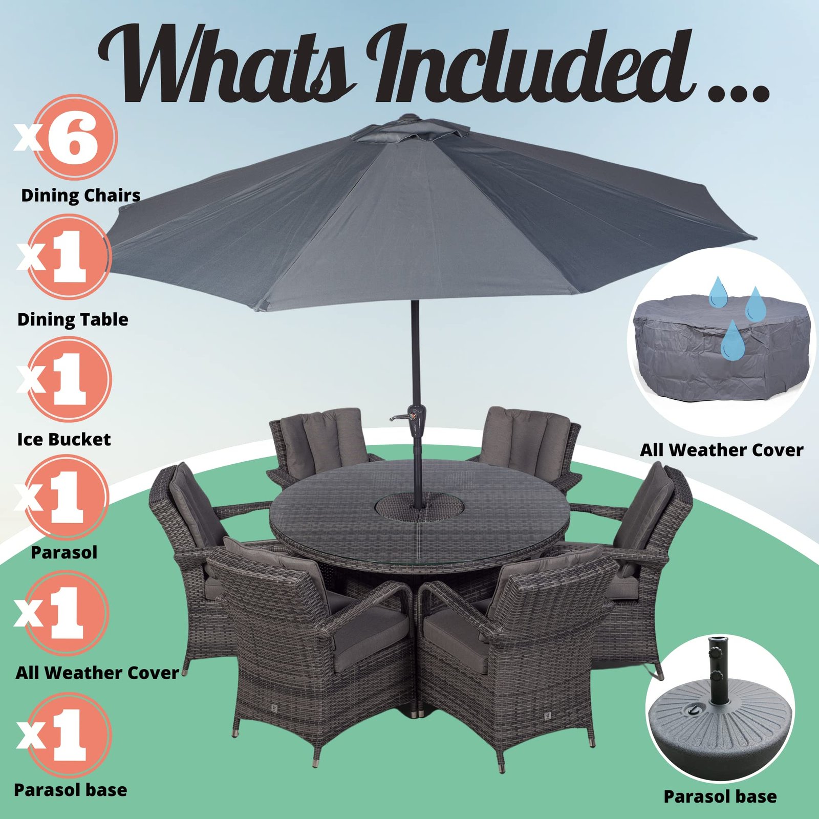Arizona Luxury 6 Seater Grey Rattan Dining Set with Ice Bucket Drinks Cooler | Outdoor Poly Rattan Garden Table & Chairs Set with Parasol & Cover - Image 8