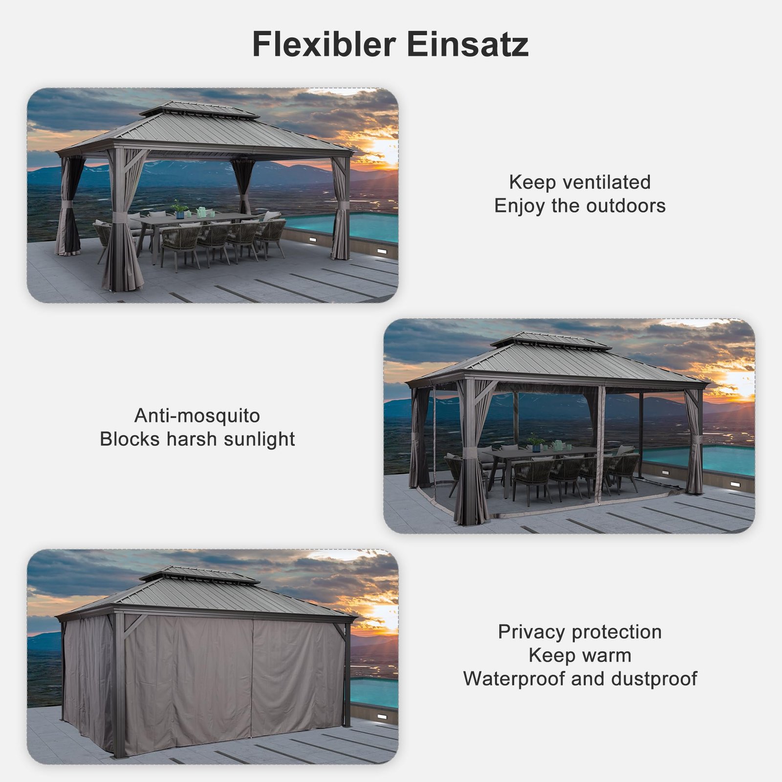 PURPLE LEAF Heavy Duty Garden Gazebo 3.65 x 4.85 m with Galvanised Steel Double Roof, Waterproof Metal Hardtop Gazebo with Side Curtain and Zipped Netting for All Weathers, Outdoor and Patio, Grey - Image 3