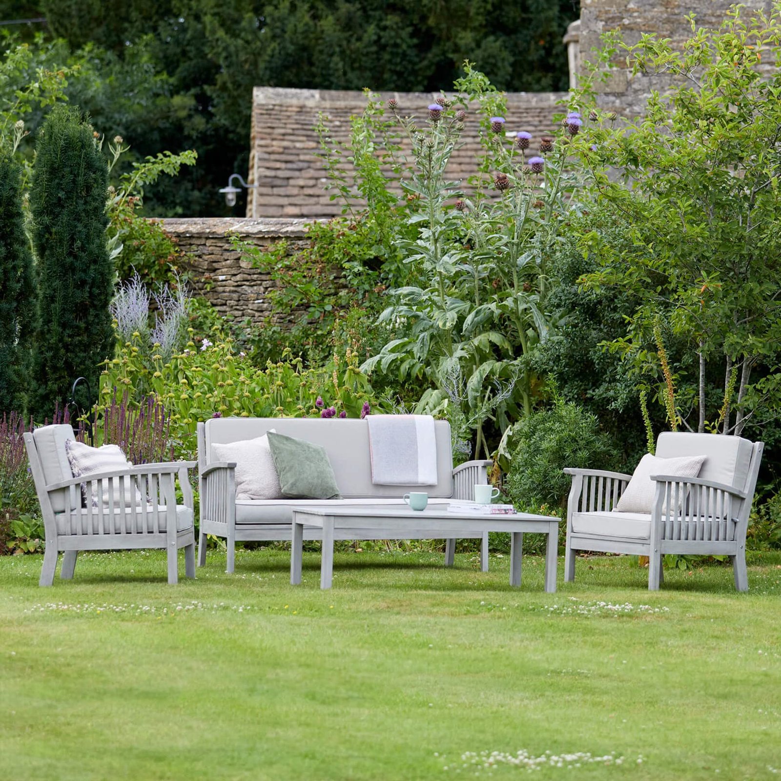 Gardenesque Patio Garden Furniture Set - Light Grey Wooden Garden Set - Repton Lounge - Outdoor Table & Chairs - Durable and Comfortable Design - With Cushions - Flat Pack Design - 4 Seater - Image 7