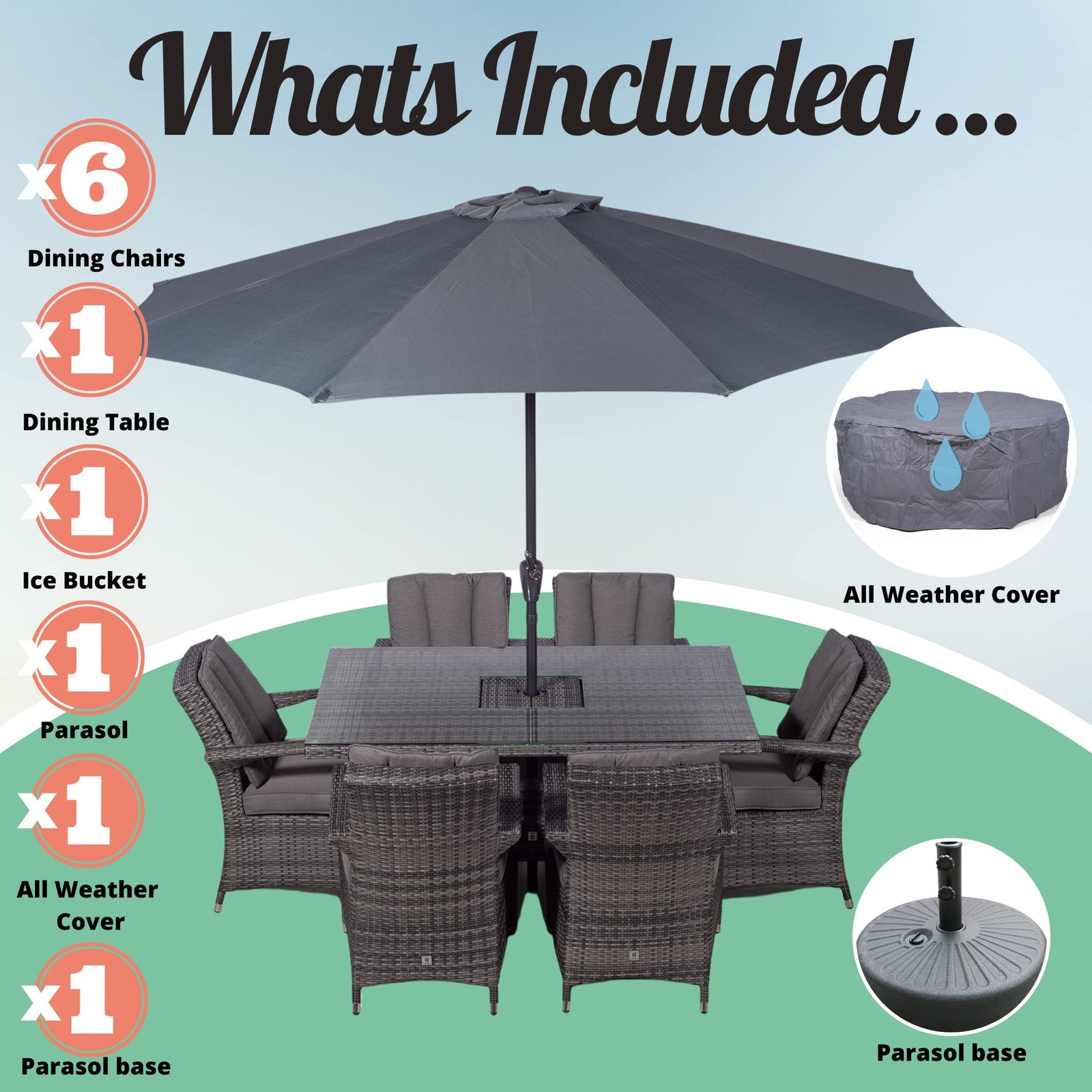 Arizona Rattan Dining Set | Luxury Rectangle 6 Seater Grey Rattan Table & Chairs Set with Ice Bucket Drinks Cooler | Outdoor Poly Rattan Garden Dining Furniture Set with Parasol & Cover - Image 2