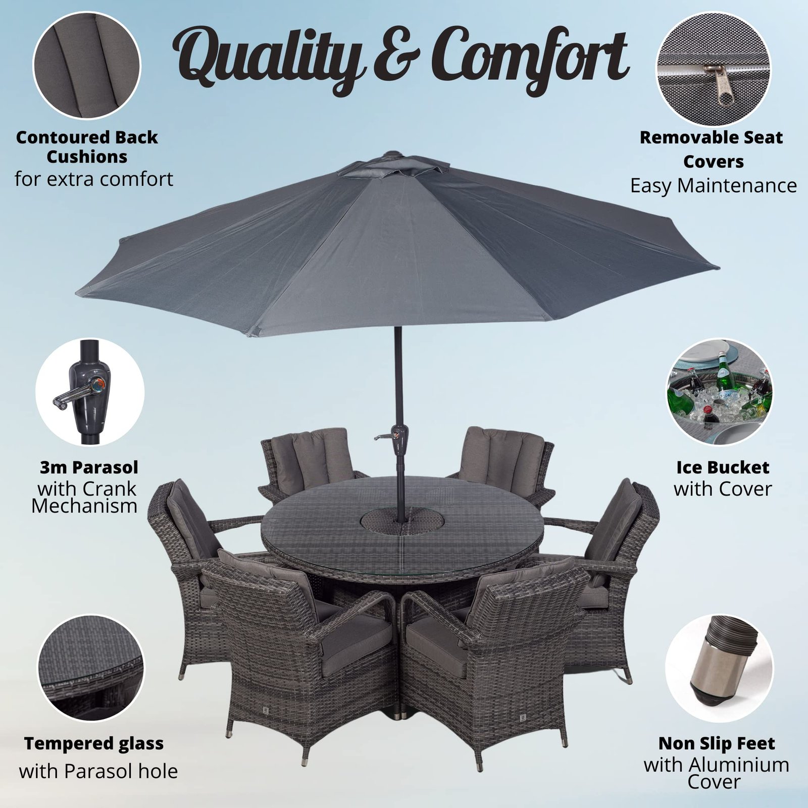 Arizona Luxury 6 Seater Grey Rattan Dining Set with Ice Bucket Drinks Cooler | Outdoor Poly Rattan Garden Table & Chairs Set with Parasol & Cover - Image 2