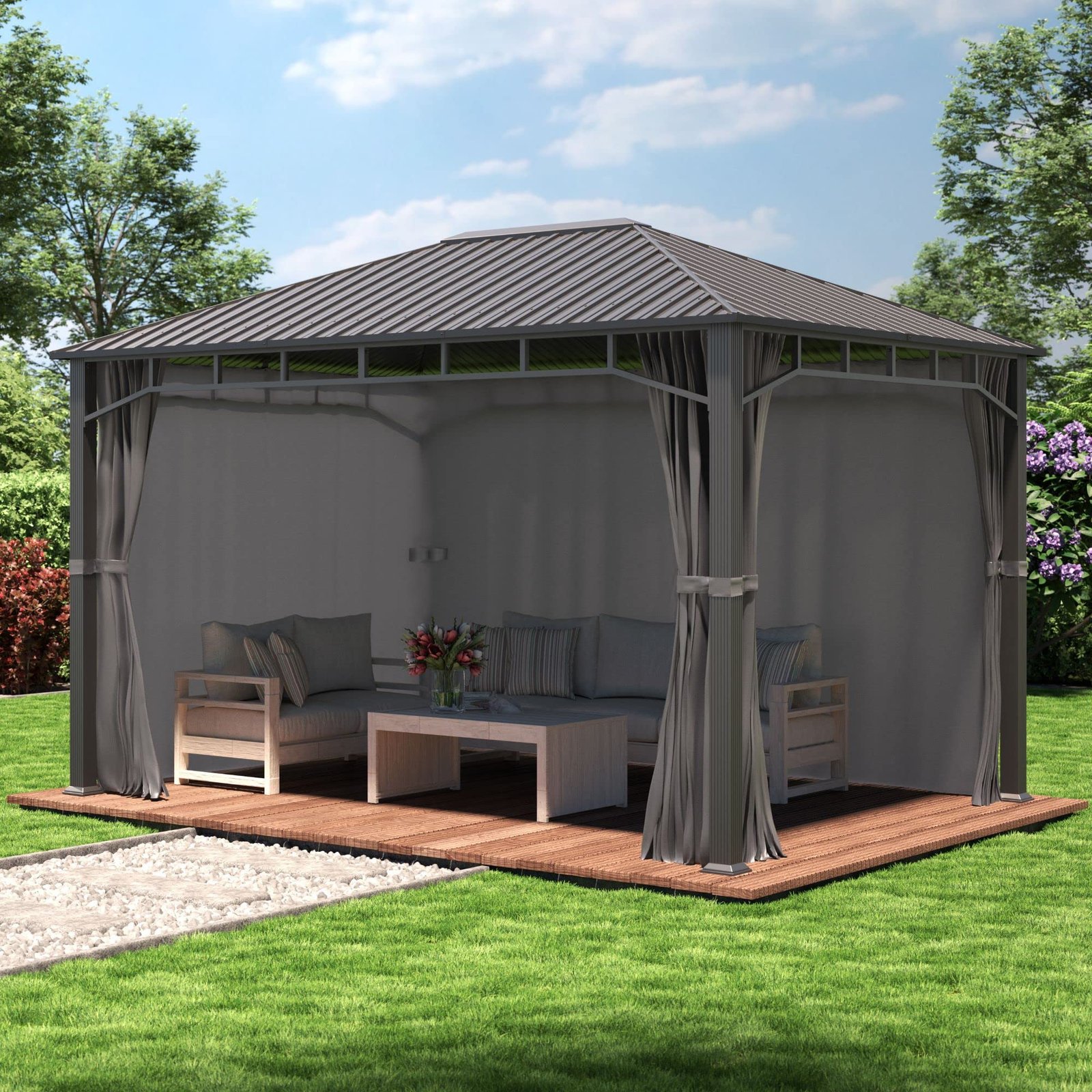 TOOLPORT Garden gazebo 3x4 m hardtop steel roof, 4 side panels in grey, poles 9x9cm - Image 3